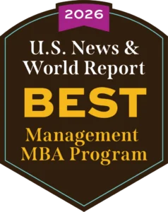 Badge reading "2026 U.S. News & World Report BEST Management MBA Program" on a dark background.