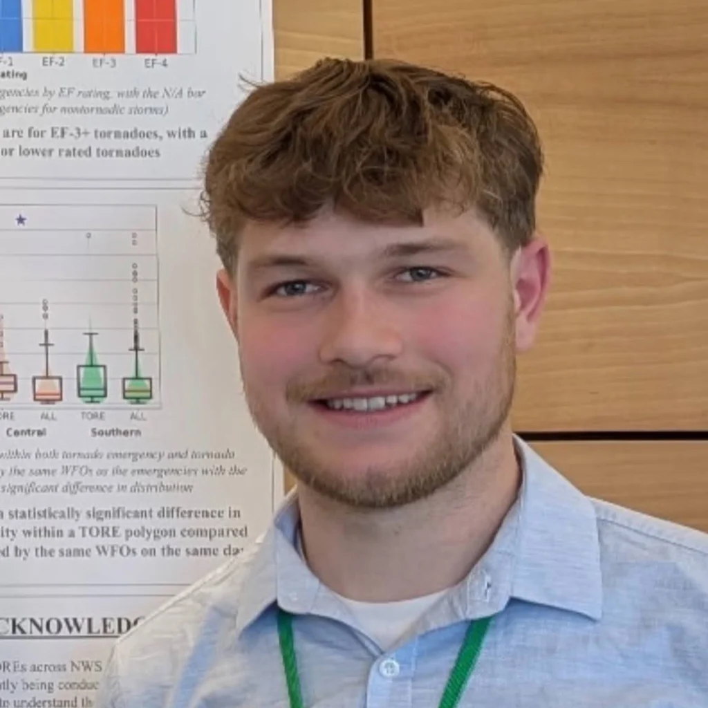A young man with short brown hair smiles in front of a scientific poster showcasing his Student Research at Valparaiso University, featuring graphs and charts from the SORCE 2026 project.