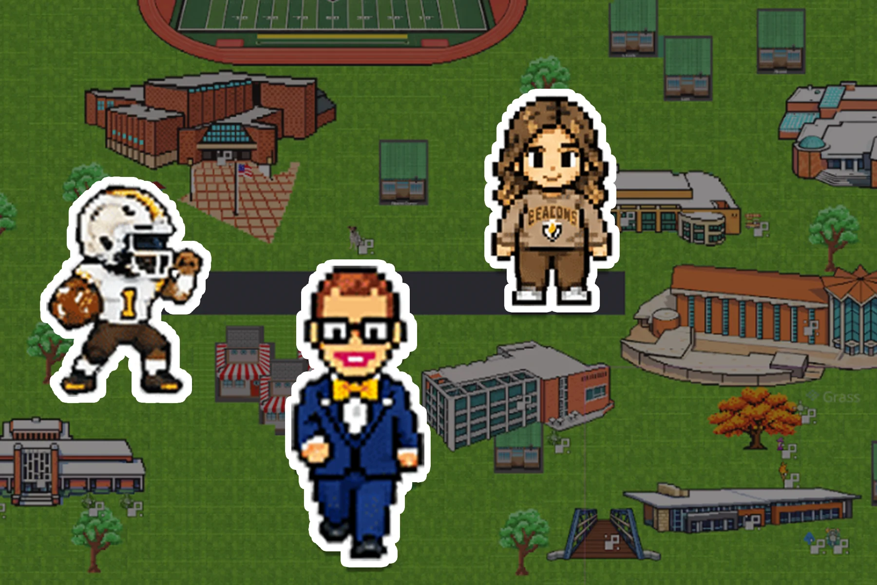 Pixel art of a Valparaiso University football player, student, and the University president, in a blue suit and a yellow bow tie, on the campus map from Valpo's FutureQuest video game.