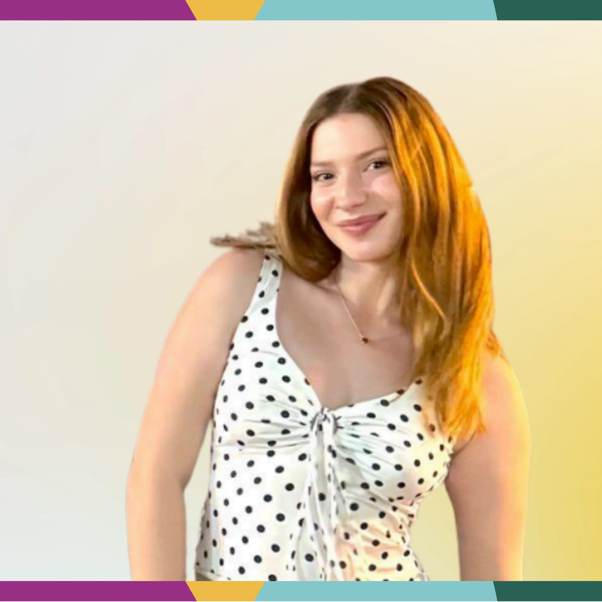 Smiling woman with long hair in a polka-dot top, standing against a light background with a colorful border, featured in a Multicultural Spotlight.