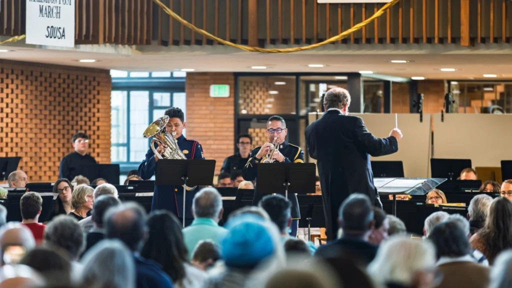 A conductor leads a band performance onstage before an audience in a brightly lit indoor venue, channeling the vibrant Sousa Legacy into every note.