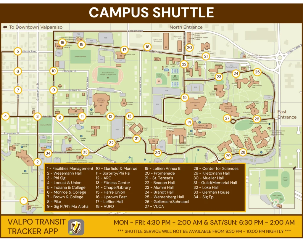 Campus shuttle route map at Valparaiso University with numbered stops and building locations highlighted, provided by Transportation Services.