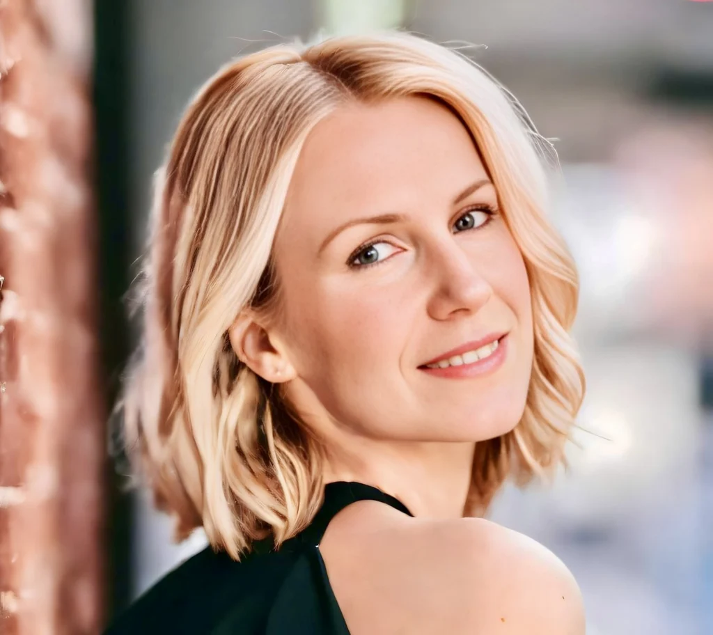 A woman with short blonde hair smiles over her shoulder, standing outdoors by a brick wall—a beacon of warmth and charm reminiscent of Kimberly Dana.