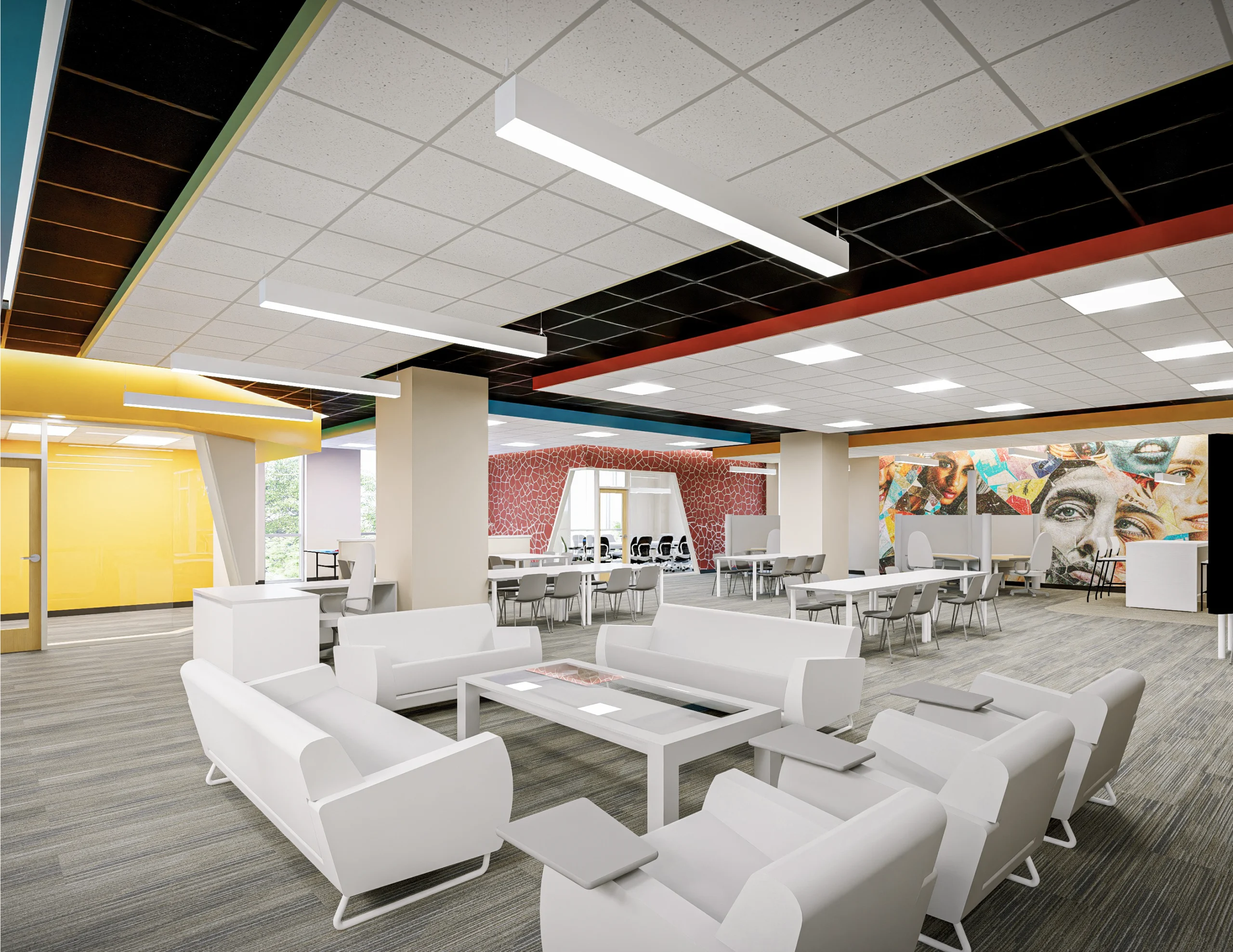 Modern open lounge in Loke Hall with white furniture, colorful ceiling accents, and a mural on the back wall.