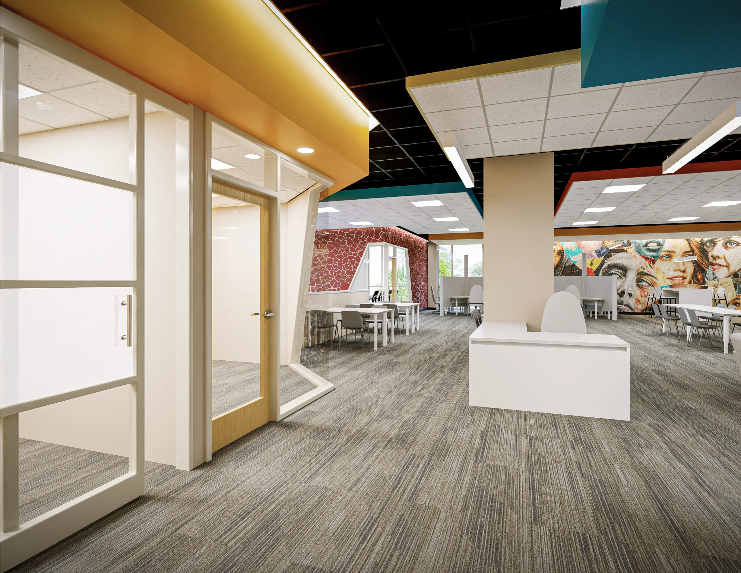 Modern office space with glass-walled rooms, a colorful ceiling, and a large mural on the back wall—perfect for inspired work at Loke Hall.