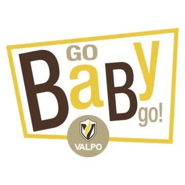 Text logo reads "Go Baby Go!" above a Valpo shield emblem, featuring Beacon-inspired colors of brown, gold, and yellow.