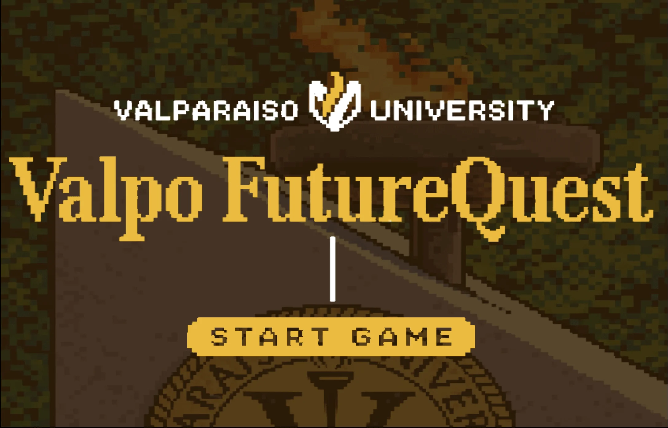 Pixel art image: The “Valpo FutureQuest” game start screen features the Valparaiso University logo and a flaming torch, inviting players into an immersive video game experience rooted in Valparaiso University’s vibrant spirit.