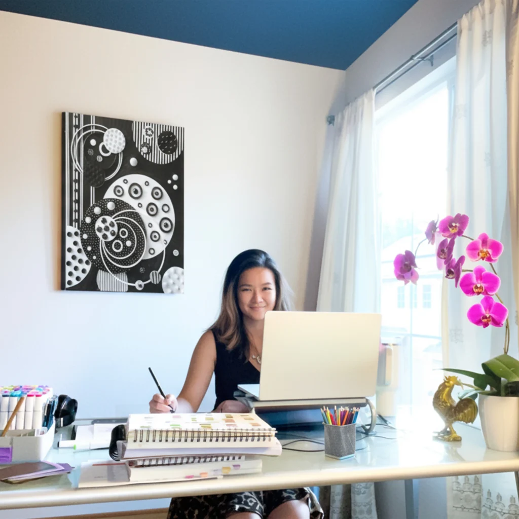 Woman working at a desk with a laptop, notebooks, and an orchid near a bright window.