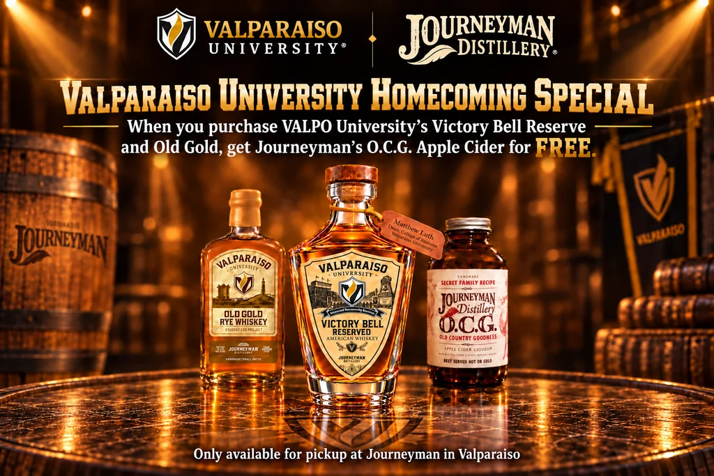 Three whiskey bottles sit elegantly on a wooden table, inviting Valparaiso University alumni to celebrate with a homecoming special offer—brought to you in partnership with the Innovation Hub.