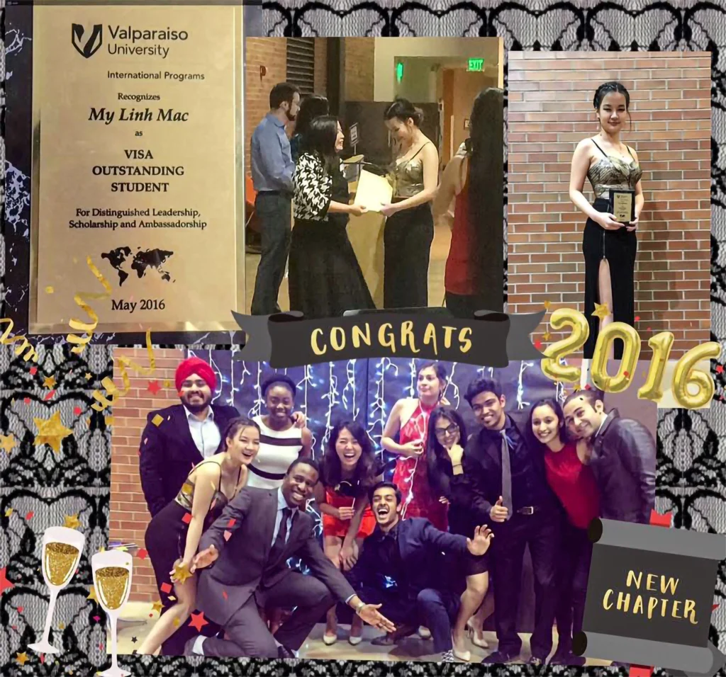 Collage of an award ceremony, group celebration, and a woman holding a trophy, with congratulatory text.