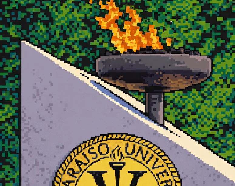 Pixel art of one of Valparaiso University's entrance torches.